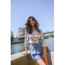 Blouse imprimé fleuri col rond à dos nu