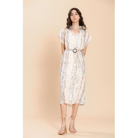 Robe long imprimée rayée multicolore camel