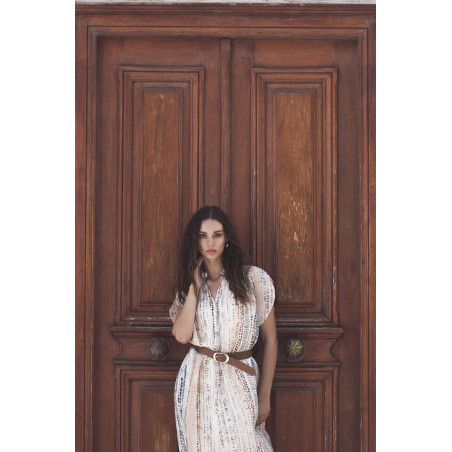 Robe long imprimée rayée multicolore camel