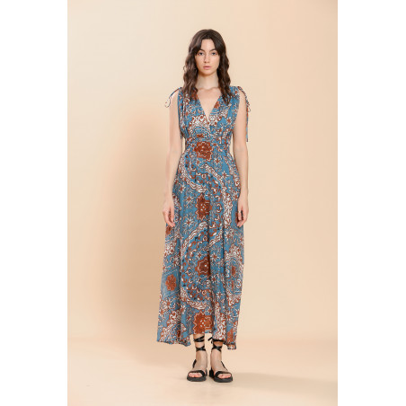 Robe long imprimée fleuri bleu